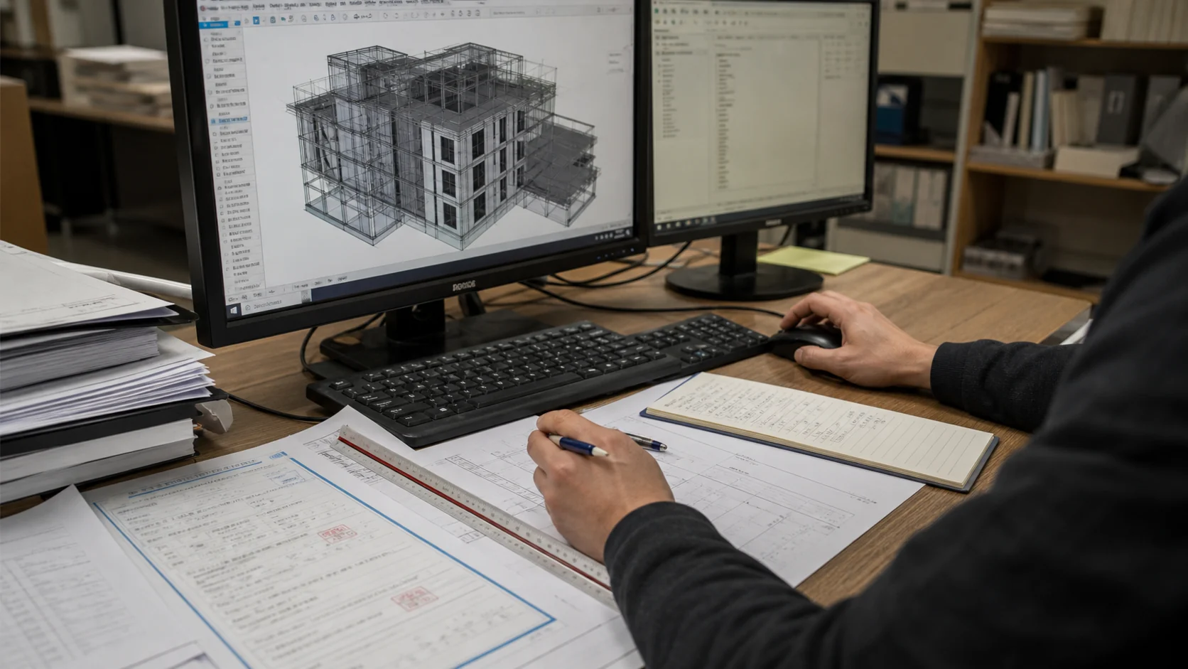 건설 문서와 3D BIM 화면을 함께 사용하는 모습